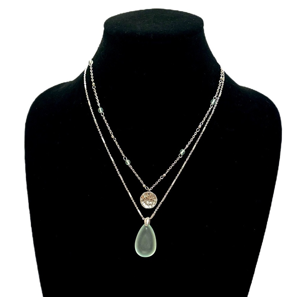WHBM | Aqua Frosted Glass Double Pendant Layered Silver Necklace | NWT